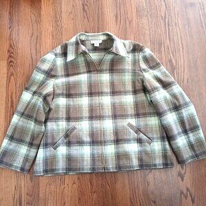 Evan Picone 18 Vintage Brown Green Cream Plaid Wool Blend Zip Jacket  Shacket